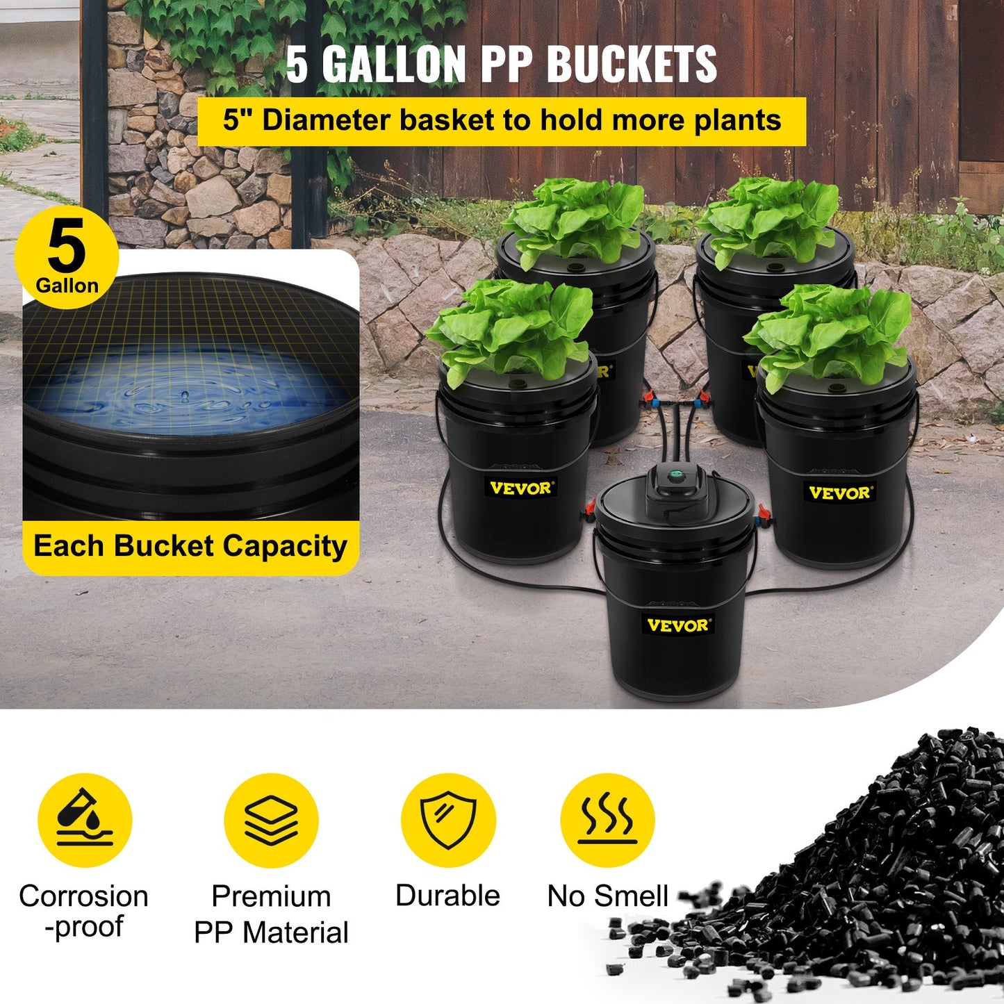 DWC Hydroponic System, 5 Gallon 5 Buckets, Deep Water Culture Growing Bucket, Hydroponics Grow Kit With Pump, Air Stone And Connected Reservoir, For Indoor/Outdoor Leafy Vegetables - Sublime Elevation