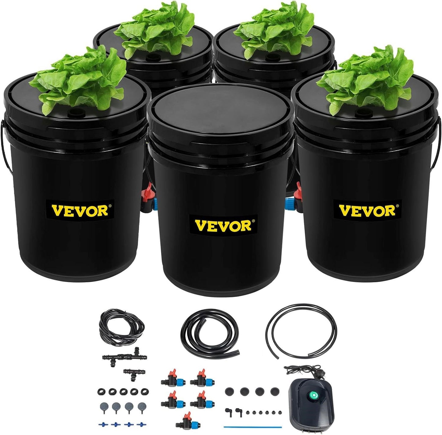 DWC Hydroponic System, 5 Gallon 5 Buckets, Deep Water Culture Growing Bucket, Hydroponics Grow Kit With Pump, Air Stone And Connected Reservoir, For Indoor/Outdoor Leafy Vegetables - Sublime Elevation