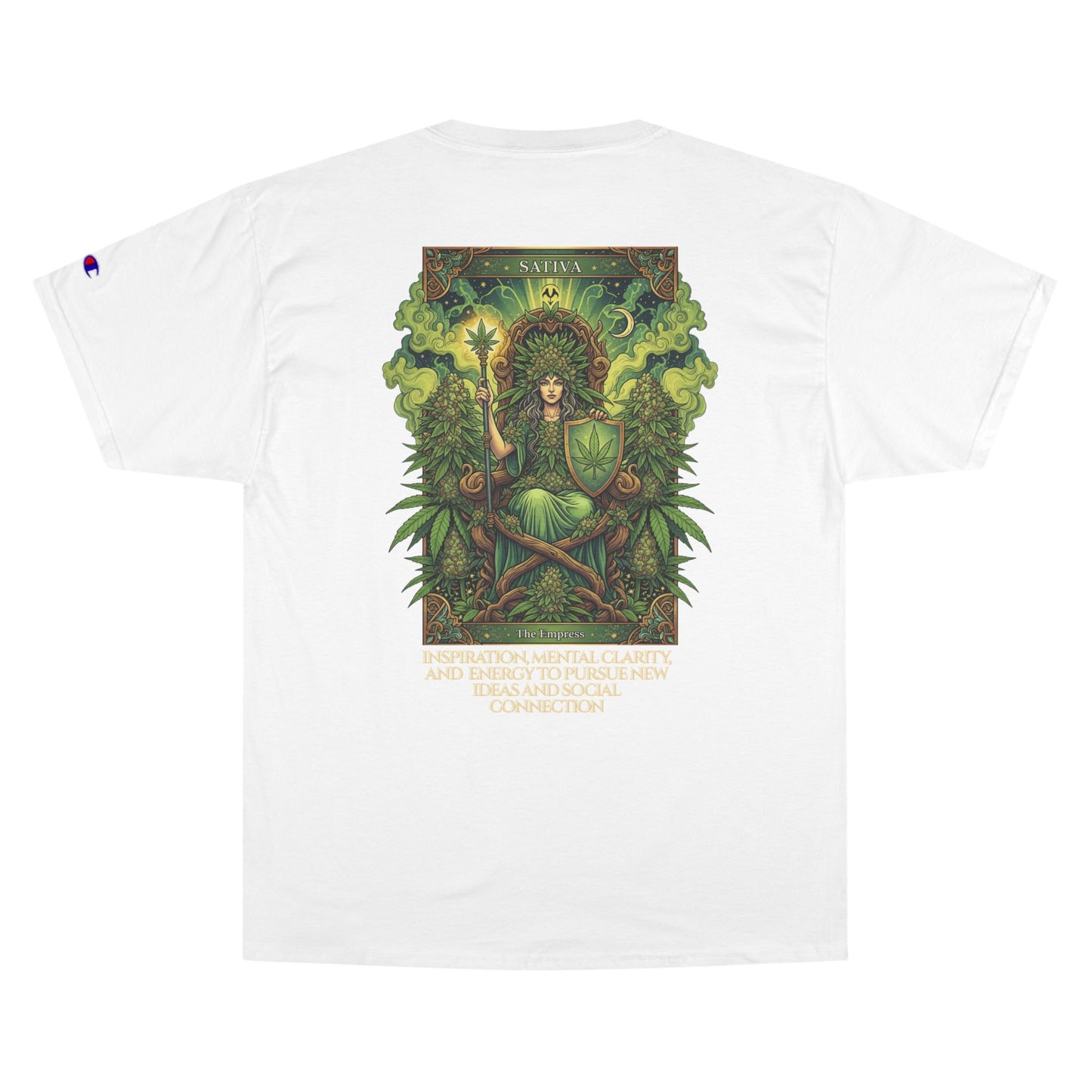Sativa Mystical Tarot Champion T-Shirt | Nature Lovers Tee, Green Goddess Shirt, Bohemian Graphic Tee, Eco-Friendly Apparel, Mythical Artwear