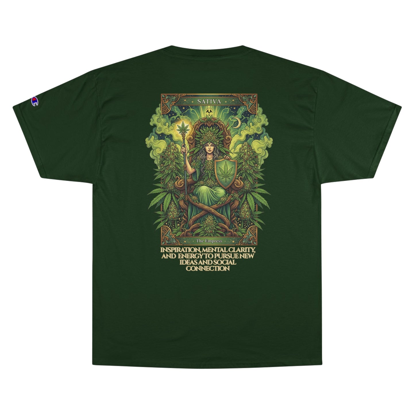 Sativa Mystical Tarot Champion T-Shirt | Nature Lovers Tee, Green Goddess Shirt, Bohemian Graphic Tee, Eco-Friendly Apparel, Mythical Artwear
