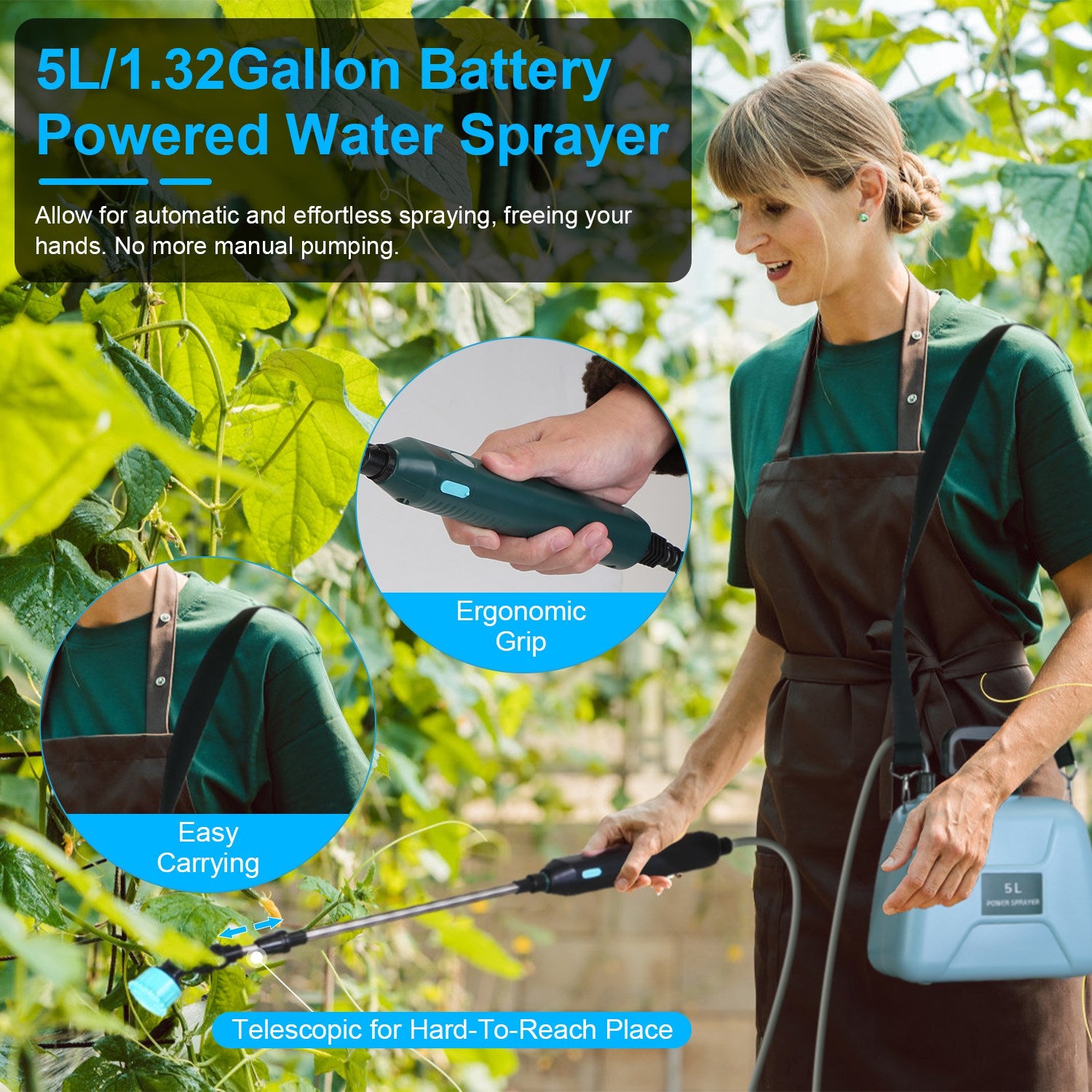 5L 1.32Gallon Battery Operated Water Sprayer Portable Garden Sprayer Electric Sprayer With Rechargeable Handle Telescopic Wand 3 Spray Nozzles Shoulder Strap For Lawn Garden - Sublime Elevation