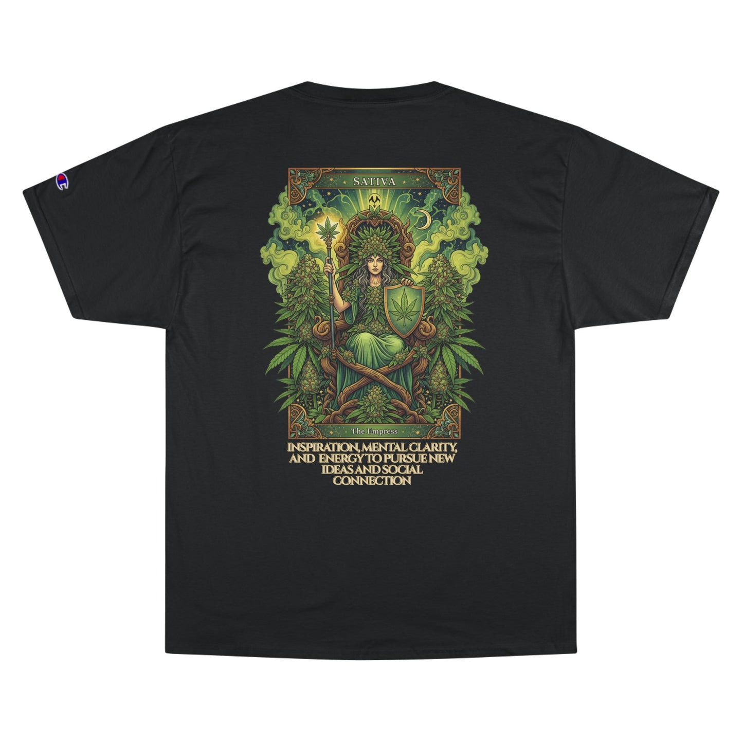 Sativa Mystical Tarot Champion T-Shirt | Nature Lovers Tee, Green Goddess Shirt, Bohemian Graphic Tee, Eco-Friendly Apparel, Mythical Artwear