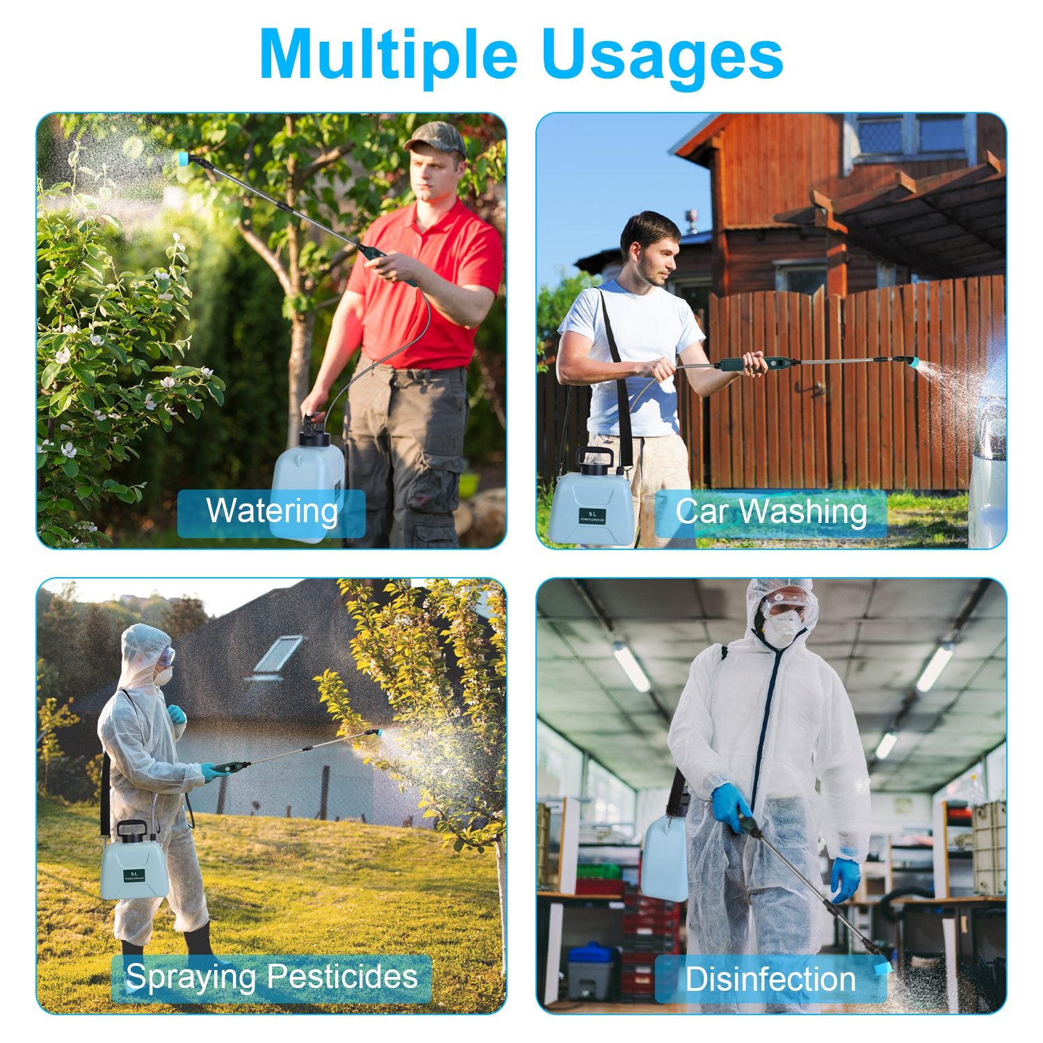 5L 1.32Gallon Battery Operated Water Sprayer Portable Garden Sprayer Electric Sprayer With Rechargeable Handle Telescopic Wand 3 Spray Nozzles Shoulder Strap For Lawn Garden - Sublime Elevation