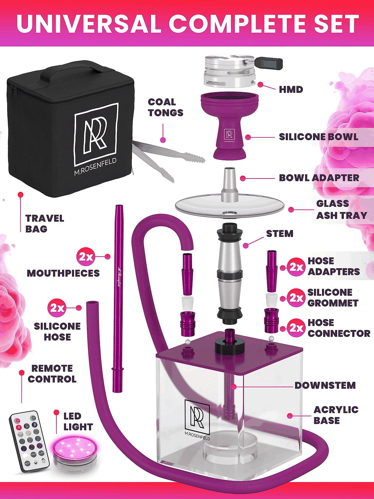 YADO Portable Purple Hookah Set with 2 Hoses and Charcoal Holder - Perfect for On-the-Go Enjoyment!