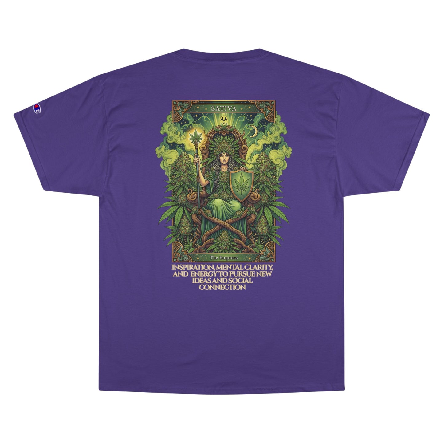 Sativa Mystical Tarot Champion T-Shirt | Nature Lovers Tee, Green Goddess Shirt, Bohemian Graphic Tee, Eco-Friendly Apparel, Mythical Artwear