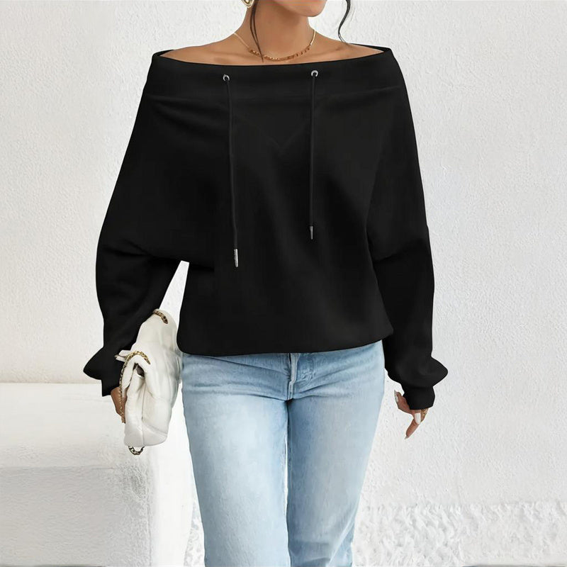 Plus Size Women's Solid Color Off-Shoulder Long Sleeve Pullover With Drawstring - Casual Ribbed Detail Top For Spring&Fall - Sublime Elevation