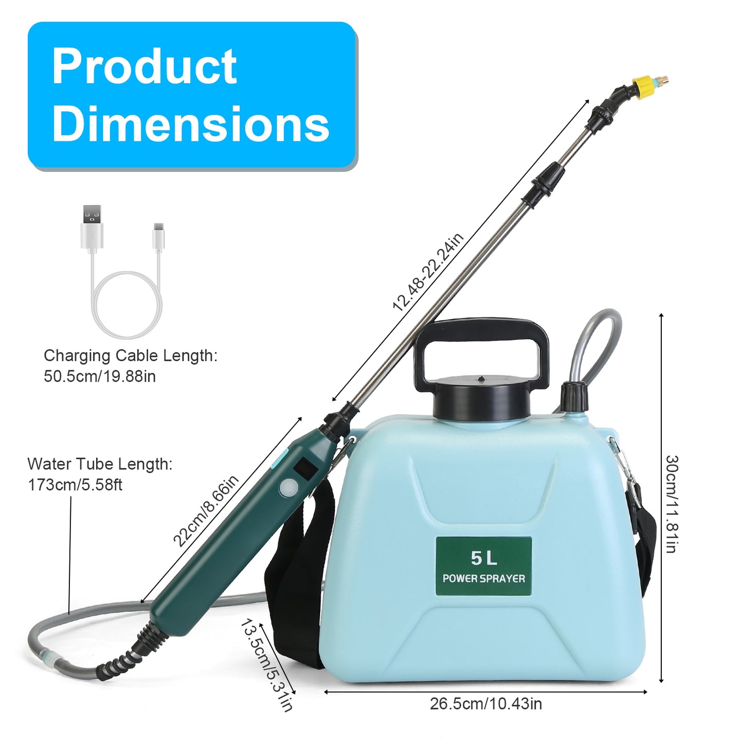 5L 1.32Gallon Battery Operated Water Sprayer Portable Garden Sprayer Electric Sprayer With Rechargeable Handle Telescopic Wand 3 Spray Nozzles Shoulder Strap For Lawn Garden - Sublime Elevation