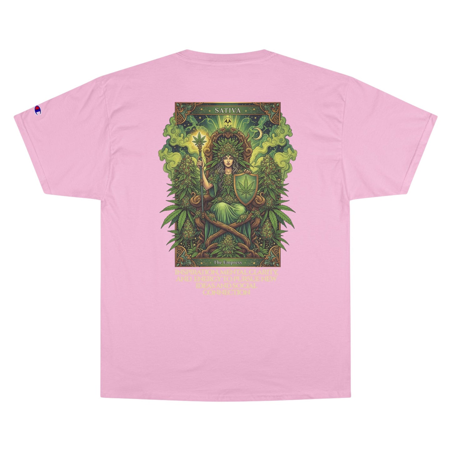 Sativa Mystical Tarot Champion T-Shirt | Nature Lovers Tee, Green Goddess Shirt, Bohemian Graphic Tee, Eco-Friendly Apparel, Mythical Artwear