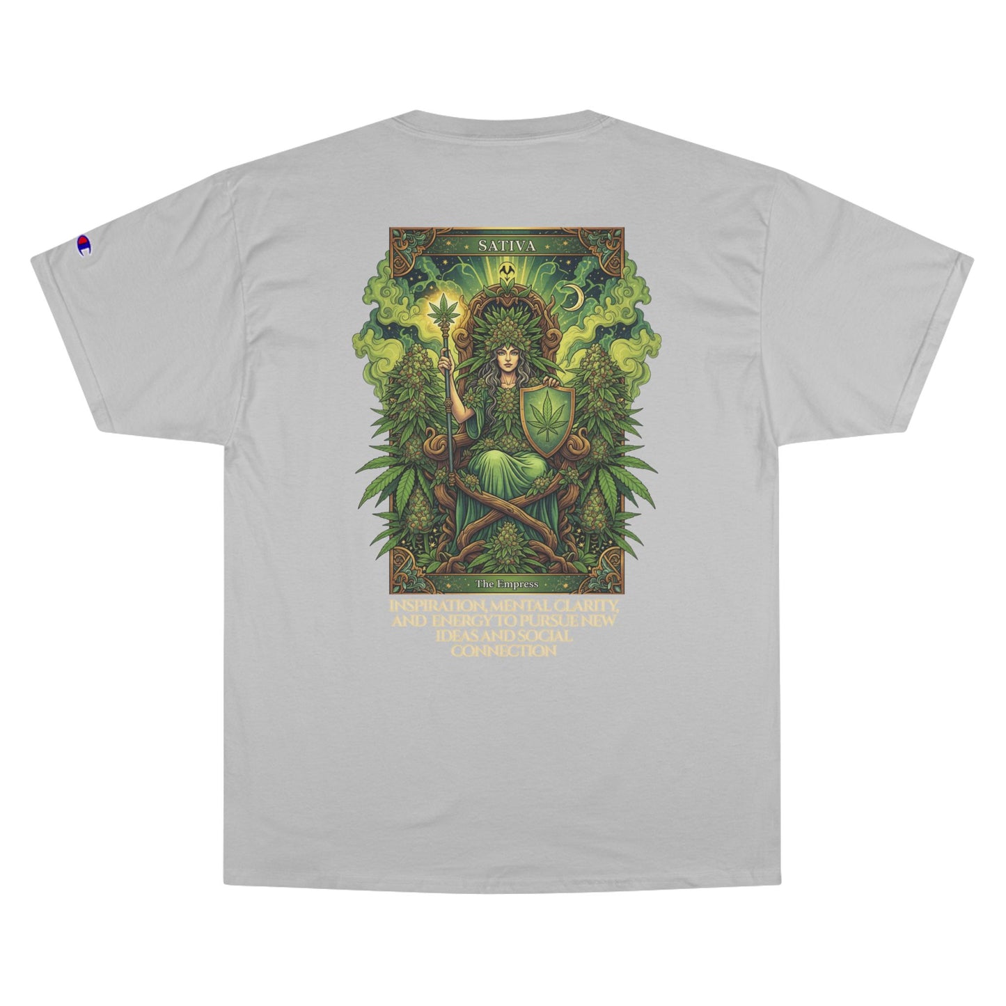 Sativa Mystical Tarot Champion T-Shirt | Nature Lovers Tee, Green Goddess Shirt, Bohemian Graphic Tee, Eco-Friendly Apparel, Mythical Artwear
