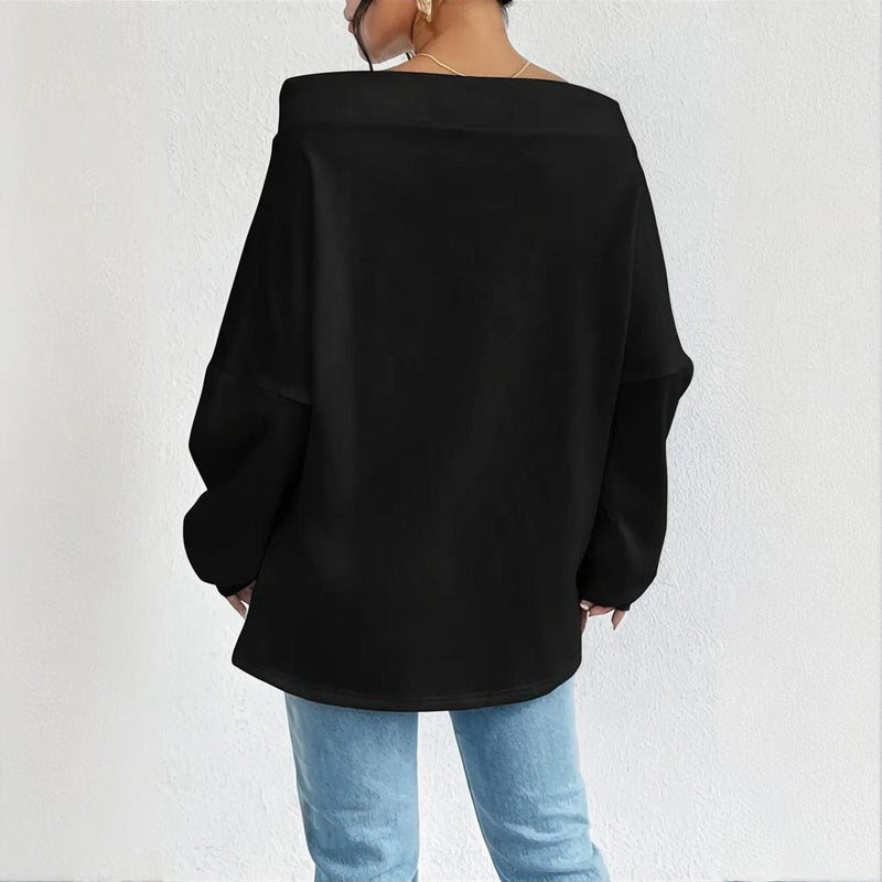 Plus Size Women's Solid Color Off-Shoulder Long Sleeve Pullover With Drawstring - Casual Ribbed Detail Top For Spring&Fall - Sublime Elevation