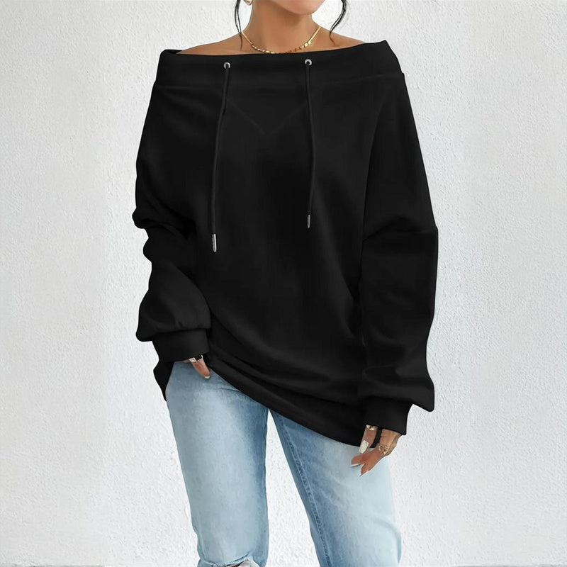 Plus Size Women's Solid Color Off-Shoulder Long Sleeve Pullover With Drawstring - Casual Ribbed Detail Top For Spring&Fall - Sublime Elevation
