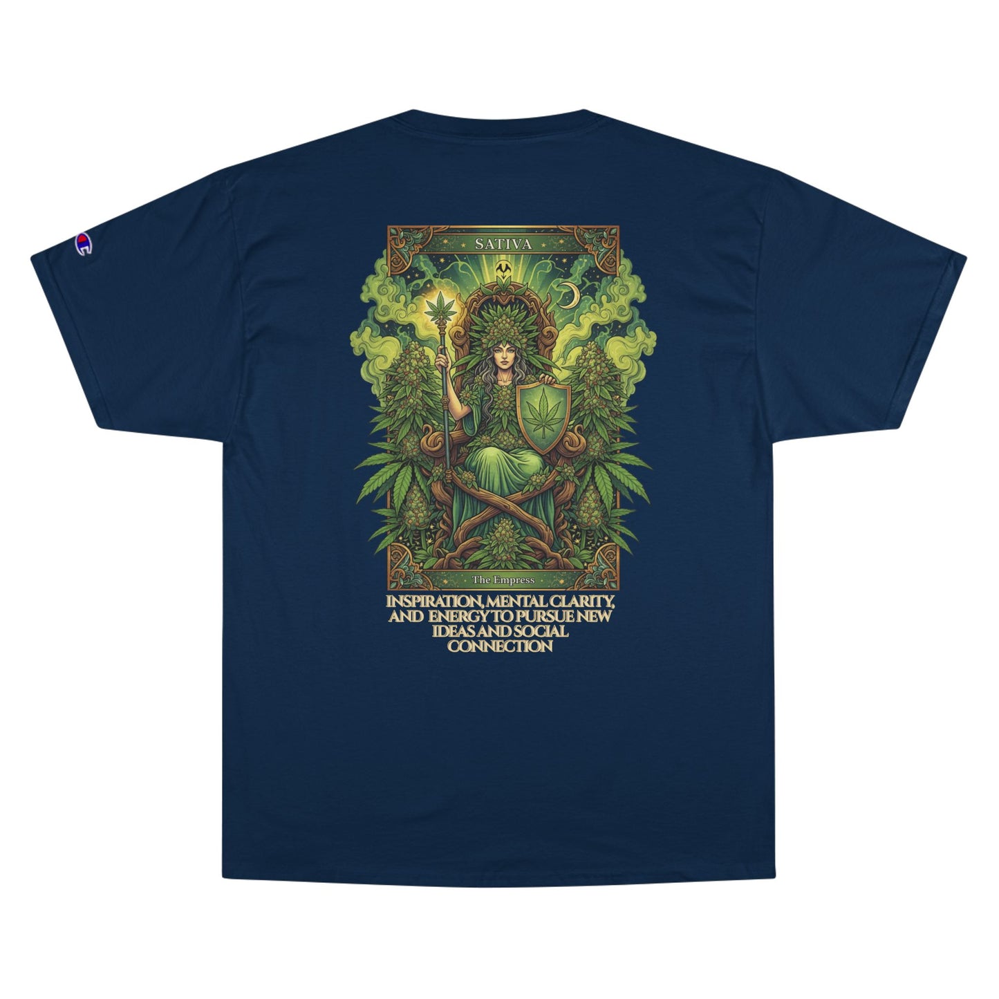 Sativa Mystical Tarot Champion T-Shirt | Nature Lovers Tee, Green Goddess Shirt, Bohemian Graphic Tee, Eco-Friendly Apparel, Mythical Artwear