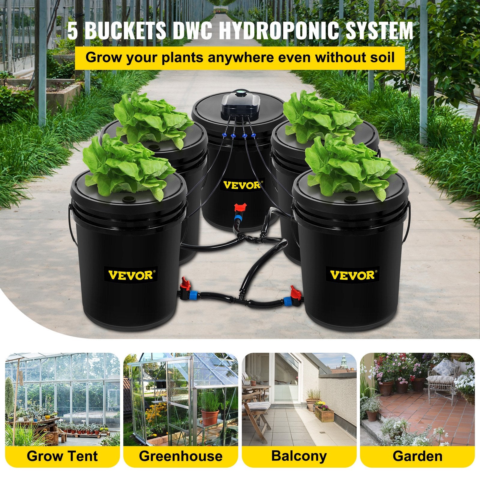 DWC Hydroponic System, 5 Gallon 5 Buckets, Deep Water Culture Growing Bucket, Hydroponics Grow Kit With Pump, Air Stone And Connected Reservoir, For Indoor/Outdoor Leafy Vegetables - Sublime Elevation