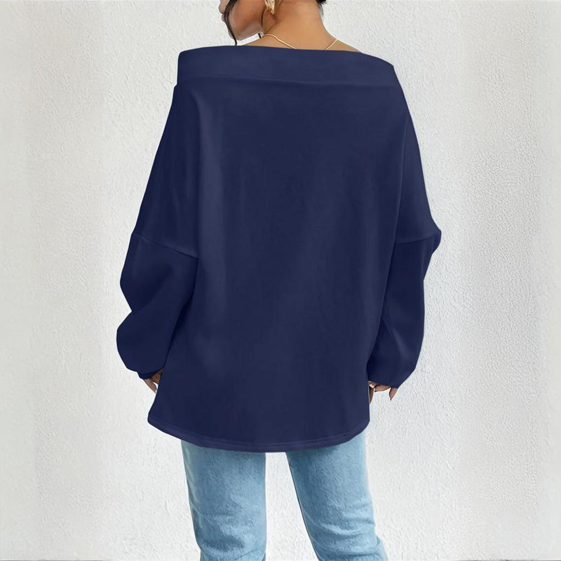 Plus Size Women's Solid Color Off-Shoulder Long Sleeve Pullover With Drawstring - Casual Ribbed Detail Top For Spring&Fall - Sublime Elevation