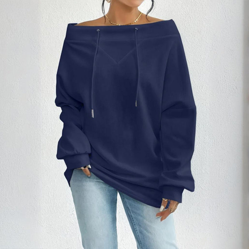 Plus Size Women's Solid Color Off-Shoulder Long Sleeve Pullover With Drawstring - Casual Ribbed Detail Top For Spring&Fall - Sublime Elevation