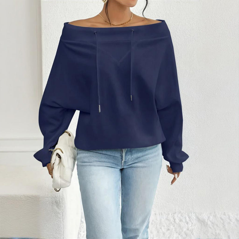 Plus Size Women's Solid Color Off-Shoulder Long Sleeve Pullover With Drawstring - Casual Ribbed Detail Top For Spring&Fall - Sublime Elevation